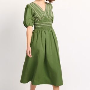 Gilli Olive Green Midi Dress with Puff Sleeves